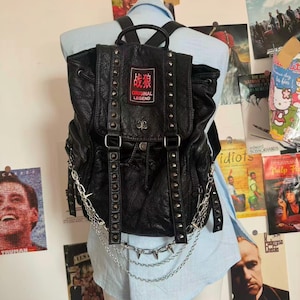Large Capacity Unisex Soft Leather Backpack 15inch Laptop School Bag Goth Patch Chain Daily Black Backpack For Woman Man Grunge Backpack