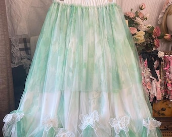 Mint Green Watercolor Tulle Skirt ： Butterfly Lace Accent Fairycore Skirt