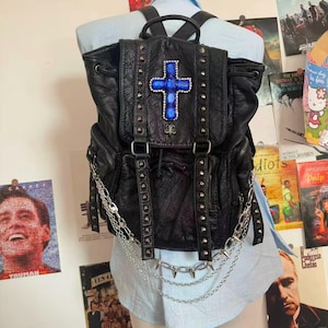 Large Capacity Unisex Soft Leather Backpack 15inch Laptop School Bag Goth Blue Cross Daily Black Backpack For Woman Man Grunge Backpack