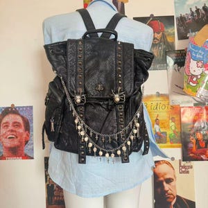 Large Capacity Unisex Soft Punk Leather Backpack 15inch Laptop School Bag Goth Chain Daily Black Backpack For Woman Man Y2k  Grunge Backpack