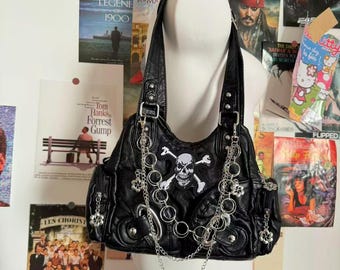 Bolso de hombro emo Y2K para mujer, diseño de calavera punk, de piel sintética suave, tipo tote, estilo grunge, bandolera Y2K con correa cruzada