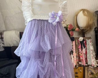 Handmade Fairycore Lavender Polka Dot Tulle Dress | Tiered with Ruffled Sleeves Floral Accent