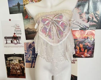 Spitze Tank Top handgemachte süße Spitze Off Schulter Fee Top, Y2k Top, Grunge Top, Lace Bead Embroidery Mehrzweck-Oberteil Kopftuch Tank