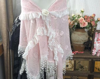 Pink Lace Floral Shawl ： Ruffle Trim Lolita Shawl，No Rose Brooch