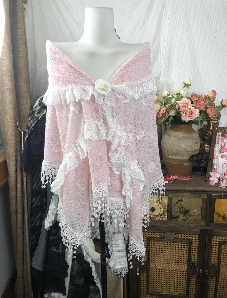 Shawl Ruffle Pink Lace Floral Shawl : Ruffle Trim Lolita Shawl,comes With Rose ...