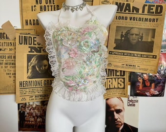Spitze Grün Tank Top Handgemachte niedliche Spitze Off Schulter Fee Top, Y2k Top, Grunge Top, Lace Bead Embroidery Sexy Rückenfreies Einzigartiges Camisole