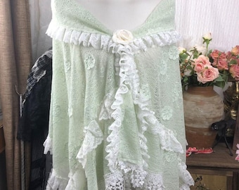Mint Green Lace Floral Shawl ： Ruffle Trim Cottagecore Shawl，No rose brooch