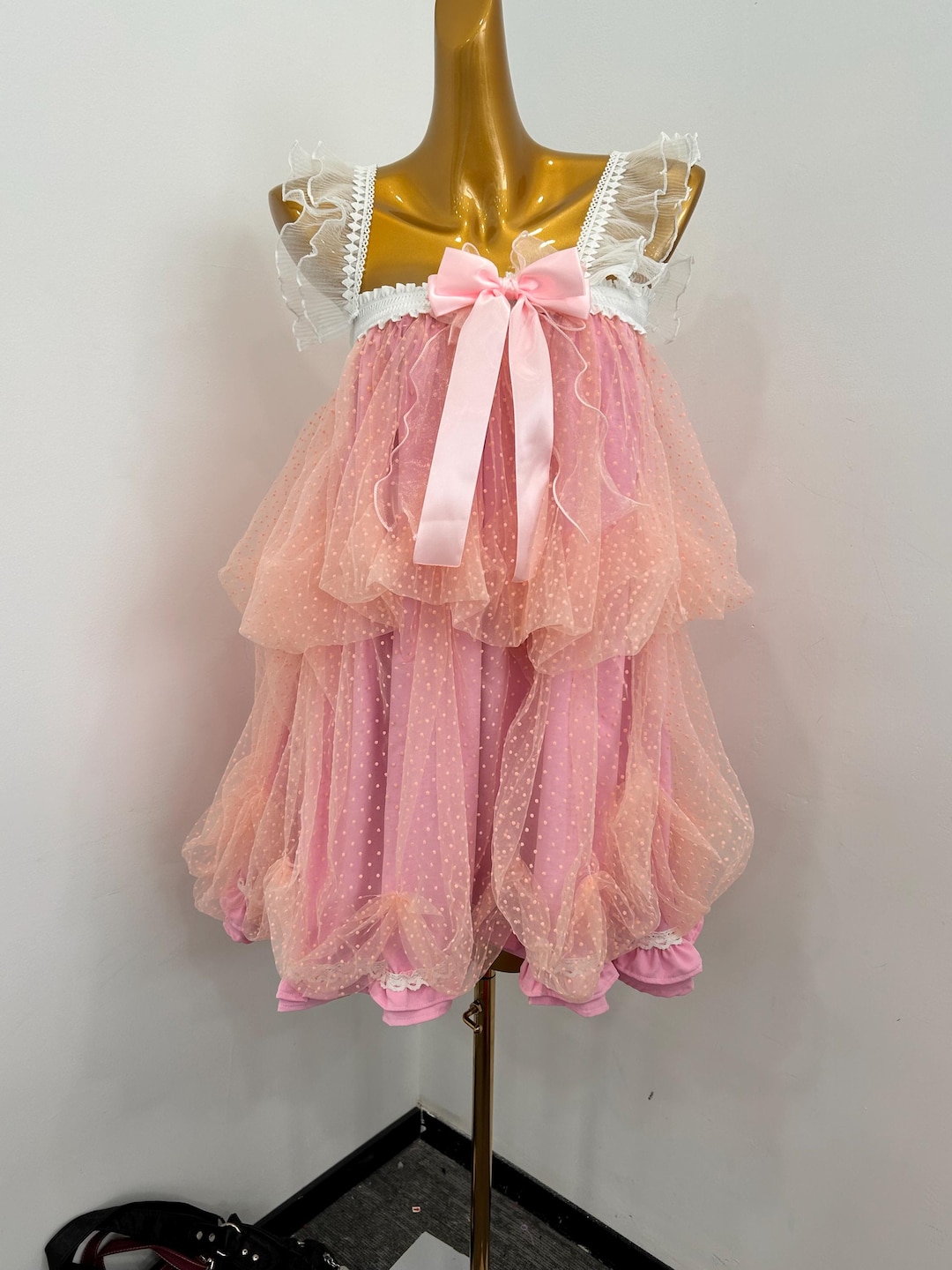 Handmade Fairycore Pink Polka Dot Tiered Tulle Babydoll Dress