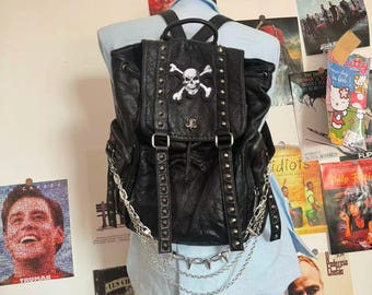Y2k Goth Skull Patch Backpack: Black PU Leather Laptop Bag - Etsy