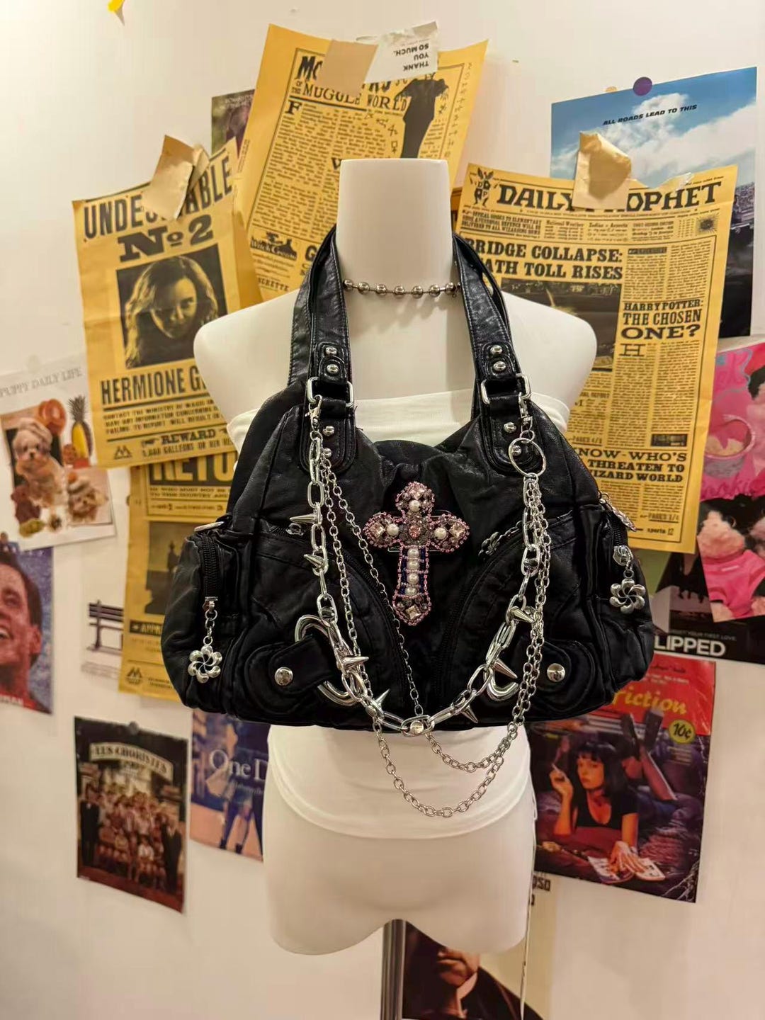 Emo Drawstring Bag Y2K Emo Shoulder Bag Women Pink Cross Punk Girl Soft PU Leather Tote ...