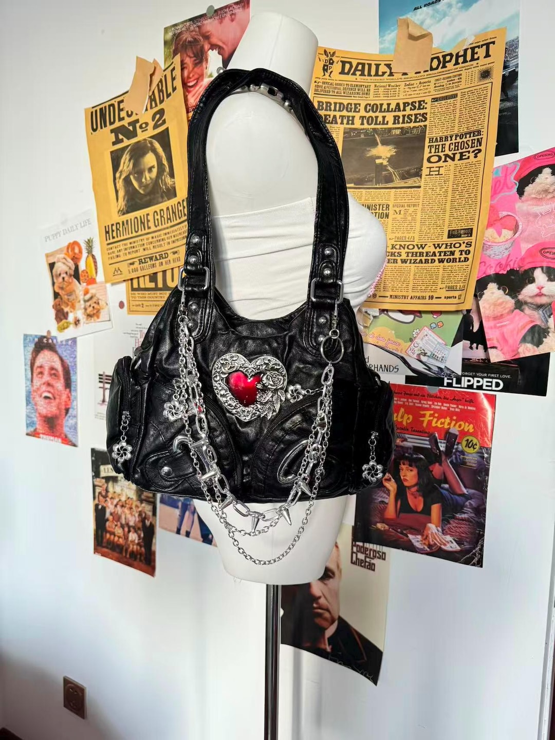 Emo Drawstring Bag Y2K Emo Shoulder Bag Women Metal Love Punk Girl Soft PU Leather Tote ...