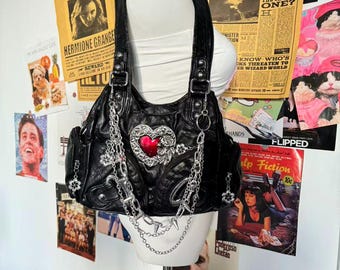 Y2K Emo Shoulder Bag Women  Metal Love  Punk  Girl Soft PU Leather Tote Bag Grunge Crossbody Bag Y2K  Shoulder Bag with Crossbody Strap
