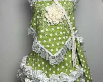 Handmade Coquette Lime Green Polka Dot Two-Piece Set | Cami Skirt with Lace Butterfly