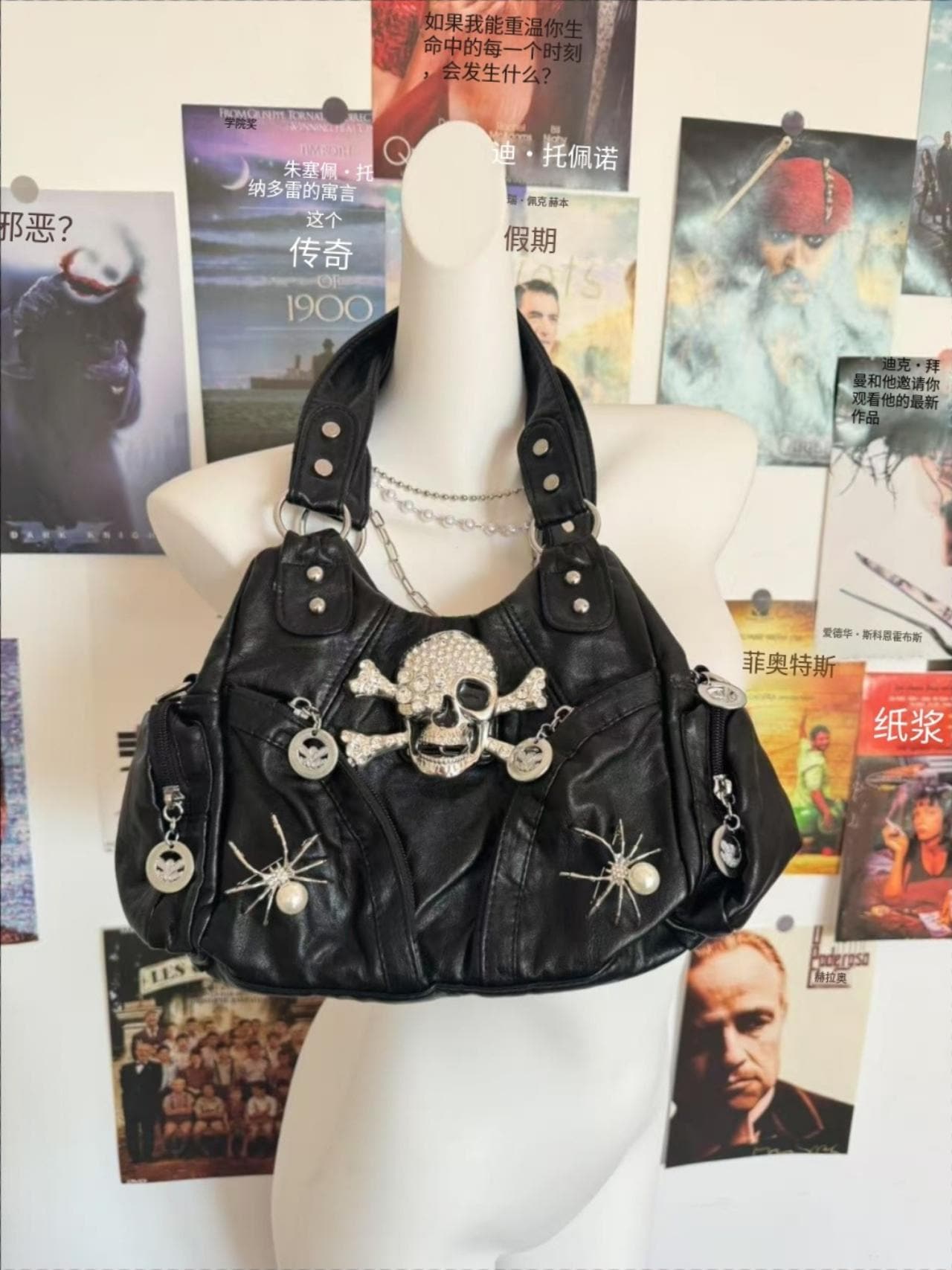 Y2K Shoulder Bag Women Skull Patch Emo Design Girl Soft PU