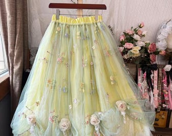Handmade Fairycore Pastel Tulle Midi Skirt | Yellow & Mint Overlay with Floral Embroidery Lace Trim