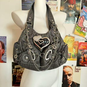 Y2K Emo Shoulder Bag Women Metal Love Punk Design Girl Soft PU Leather Tote Bag Crossbody Bag Y2K  Shoulder Grunge Bag with Crossbody Strap
