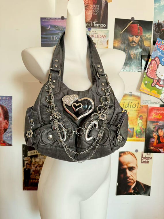 Y2K Emo Shoulder Bag Women Metal Love Punk Design Girl Soft PU 
