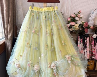 Yellow-Green Floral Embroidered Tulle Skirt : 3D Rose Accent Cottagecore Skirt