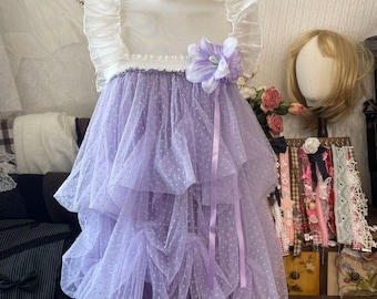 Lavender Polka Dot Tulle Puff Dress : Floral Appliqué Ruffle Strap Lolita Fairycore Dress
