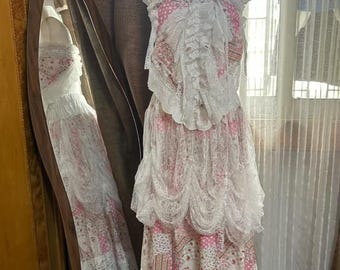 Handmade Cottagecore Strapless Lace Maxi Dress | Pink Gingham & Floral Patchwork