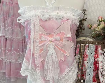 Handmade Whimsical Fairycore Halter Tube Top | Pastel Pink with Lace & Sequin Butterfly Detail