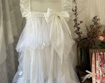 Vibe White Tulle Dress : Pearl Floral Bow Puff Silhouette Dress