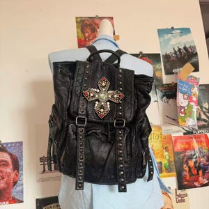 Large Capacity Unisex Soft Leather Backpack 15inch Laptop School Bag Goth Big Cross Daily Backpack For Woman Man Y2k  Grunge Backpack