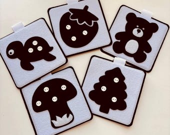 Cartões de feltro preto e branco para bebês – Brinquedo sensorial de alto contraste para recém-nascidos | Estimulação visual Montessori, 12×12 cm