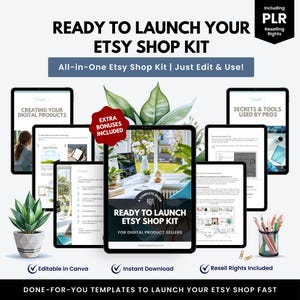 Puede incluir: Un kit de tienda Etsy con el texto "Ready to Launch Your Etsy Shop Kit" y "All-in-One Etsy Shop Kit | Just Edit & Use!" se muestra en una tableta. La imagen incluye tabletas adicionales, una planta, lápices y el texto "Editable in Canva".