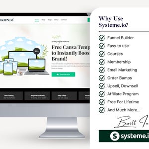 May include: A computer monitor displays a website design with the text "Free Canva Temp to Instantly Boost Brand!" and the Systeme.io logo. The image also lists features like Funnel Builder, Email Marketing, and Affiliate Program.