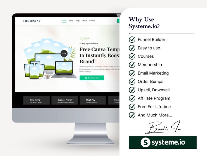 May include: A computer monitor displays a website design with the text "Free Canva Temp to Instantly Boost Brand!" and the Systeme.io logo. The image also lists features like Funnel Builder, Email Marketing, and Affiliate Program.