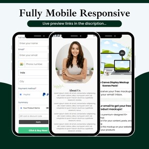 May include: Three smartphones displaying mobile website mockups. The screens show a form, a woman with text "About Us", and a laptop mockup. Text at the top says "Fully Mobile Responsive".