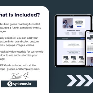 May include: A digital marketing coaching funnel kit presentation. The image shows a tablet and smartphone displaying website mockups. The kit includes 4 funnel templates with 15 pages, video tutorials, and a PDF guide. The systeme.io logo is also visible.