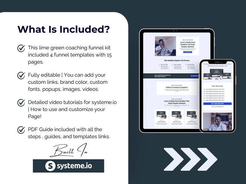May include: A digital marketing coaching funnel kit presentation. The image shows a tablet and smartphone displaying website mockups. The kit includes 4 funnel templates with 15 pages, video tutorials, and a PDF guide. The systeme.io logo is also visible.