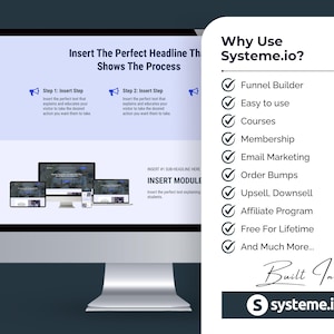 May include: A computer monitor displays a website design with the text "Insert The Perfect Headline That Shows The Process." A list on the right side highlights features like Funnel Builder and Email Marketing. The Systeme.io logo is at the bottom.