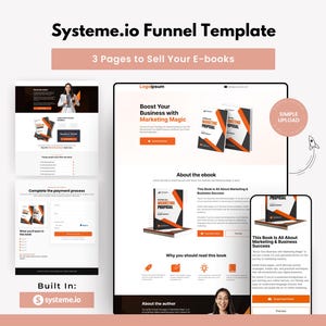 Pode incluir: Um modelo de funil de marketing digital com três páginas para vender e-books. O design apresenta um layout de site, uma página de processo de pagamento e uma visualização móvel. A capa do livro é laranja e preta com o título "Marketing Proposal".