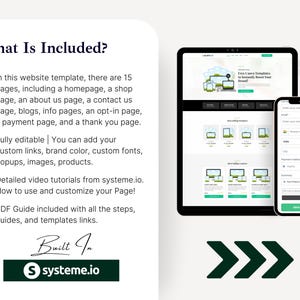 May include: A digital mockup showcasing a website template on a tablet and smartphone. The tablet displays a website design with green accents, while the phone shows a payment form. Text highlights features like 15 pages, full editability, and video tutorials.