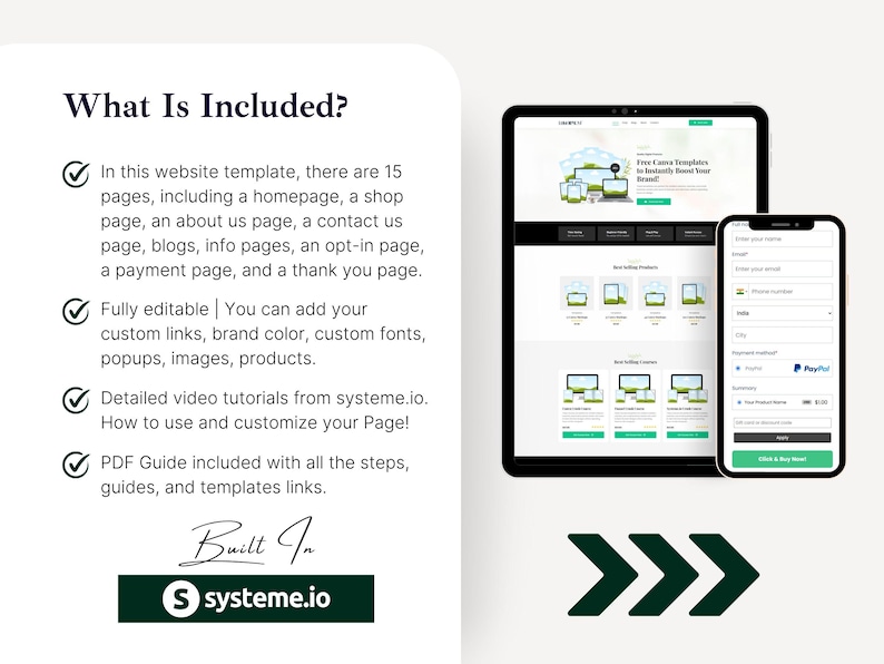 May include: A digital mockup showcasing a website template on a tablet and smartphone. The tablet displays a website design with green accents, while the phone shows a payment form. Text highlights features like 15 pages, full editability, and video tutorials.