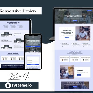 May include: A digital marketing website design displayed on a tablet, smartphone, and laptop. The design features a light blue and white color scheme with the text "Responsive Design" at the top. The website includes the text "Headline Goes Here To Explain Why They Should Want to Download This."