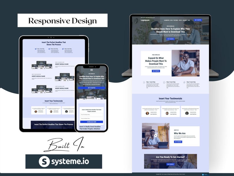 May include: A digital marketing website design displayed on a tablet, smartphone, and laptop. The design features a light blue and white color scheme with the text "Responsive Design" at the top. The website includes the text "Headline Goes Here To Explain Why They Should Want to Download This."