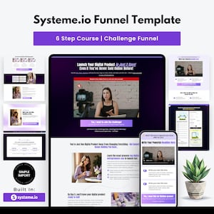 Pode incluir: Um modelo de funil de marketing digital com o texto "Systeme.io Funnel Template" e "6 Step Course | Challenge Funnel". A imagem mostra um laptop, um telefone e outros dispositivos digitais com maquetes de sites. O modelo é integrado.