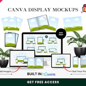 May include: A digital mockup display featuring various devices like tablets, phones, and laptops, showcasing a design. The image includes the text "CANVA DISPLAY MOCKUPS", "Add images", "Sell Your Products", and "BUILT IN: Canva". A bonus gift icon is also present.