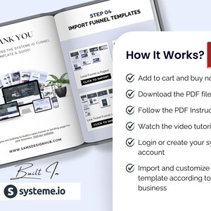 May include: Open book with the text "THANK YOU" and "IMPORT FUNNEL TEMPLATES". The page shows a digital marketing funnel template with instructions. The right page has a "How It Works?" section with steps to use the template.