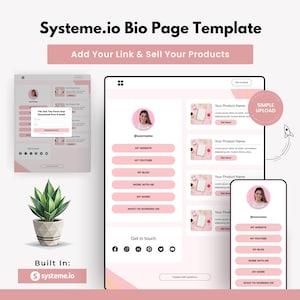 以下が含まれることがあります： Systeme.ioのバイオページテンプレートのデジタルモックアップ。明るいピンクと白の配色が特徴です。ウェブサイト、YouTube、ブログ、仕事情報などのセクションが含まれています。「Add Your Link & Sell Your Products」というテキストが表示されています。