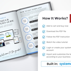 May include: An open book titled "FUNNELS & TEMPLATES GUIDE" with instructions on how to get a template. The book features a "How It Works?" section with a PDF download button and a list of steps. The guide is built in systeme.io.