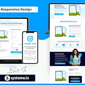 May include: A digital marketing website design displayed on a tablet, smartphone, and laptop. The design includes the text "Responsive Design", "Complete The Payment Process", and "THANK YOU". The website is built in systeme.io.