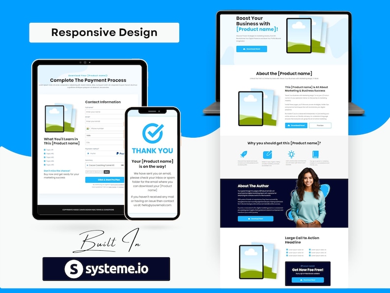 May include: A digital marketing website design displayed on a tablet, smartphone, and laptop. The design includes the text "Responsive Design", "Complete The Payment Process", and "THANK YOU". The website is built in systeme.io.