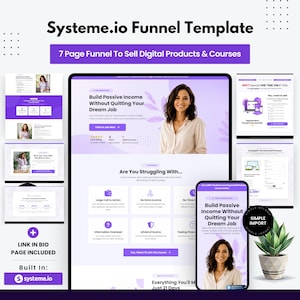 Può includere: Un modello di funnel Systeme.io per vendere prodotti digitali e corsi, con un layout di 7 pagine con accenti viola, una visualizzazione dell'interfaccia desktop e mobile, una persona in camicia beige e una piccola pianta succulenta.