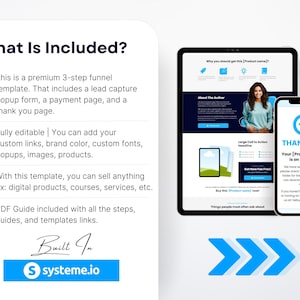 May include: A digital marketing template displayed on a tablet and smartphone. The tablet shows a website design with a woman's photo, while the phone displays a "Thank You" message. The image includes the text "What Is Included?" and "Built In systeme.io".