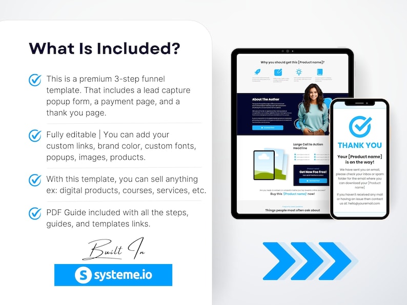 May include: A digital marketing template displayed on a tablet and smartphone. The tablet shows a website design with a woman's photo, while the phone displays a "Thank You" message. The image includes the text "What Is Included?" and "Built In systeme.io".